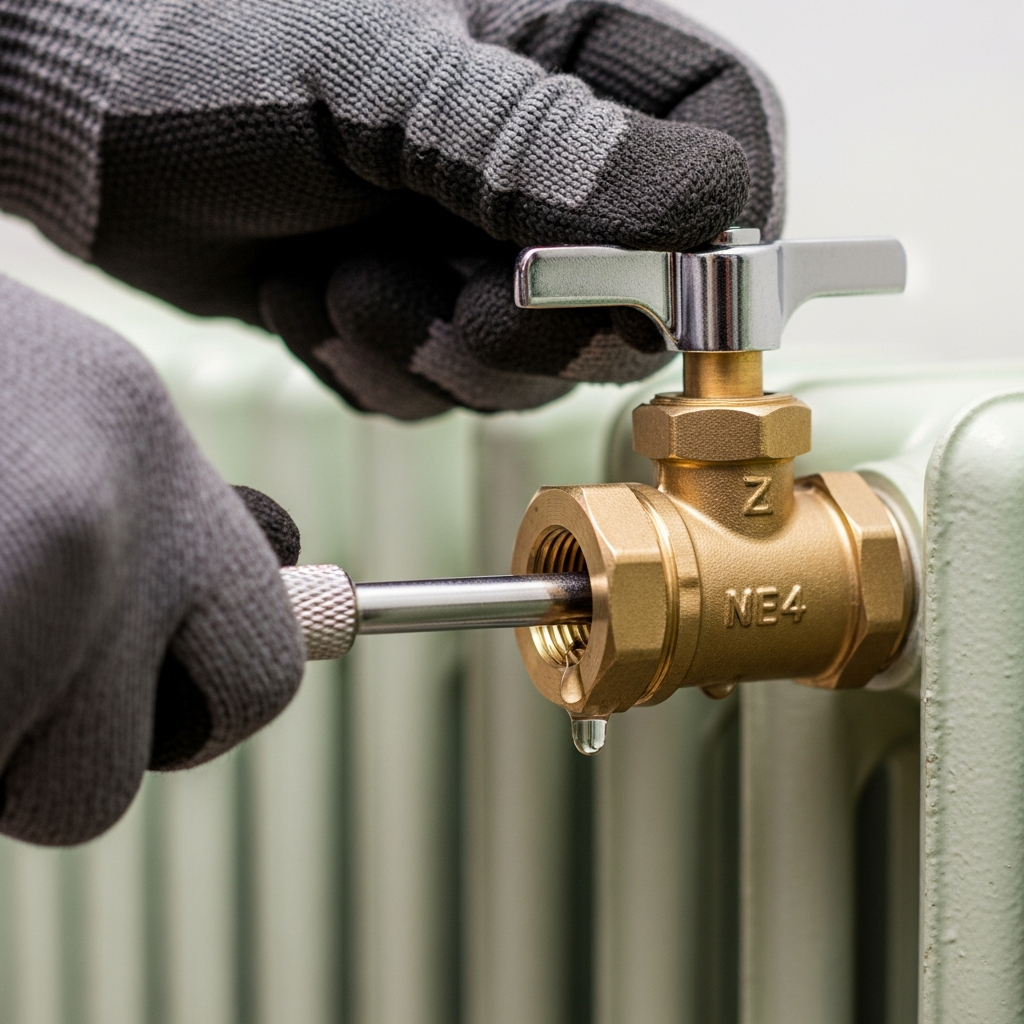 Close up of a radiator bleed valve with a key inserted, water dripping into a cloth.