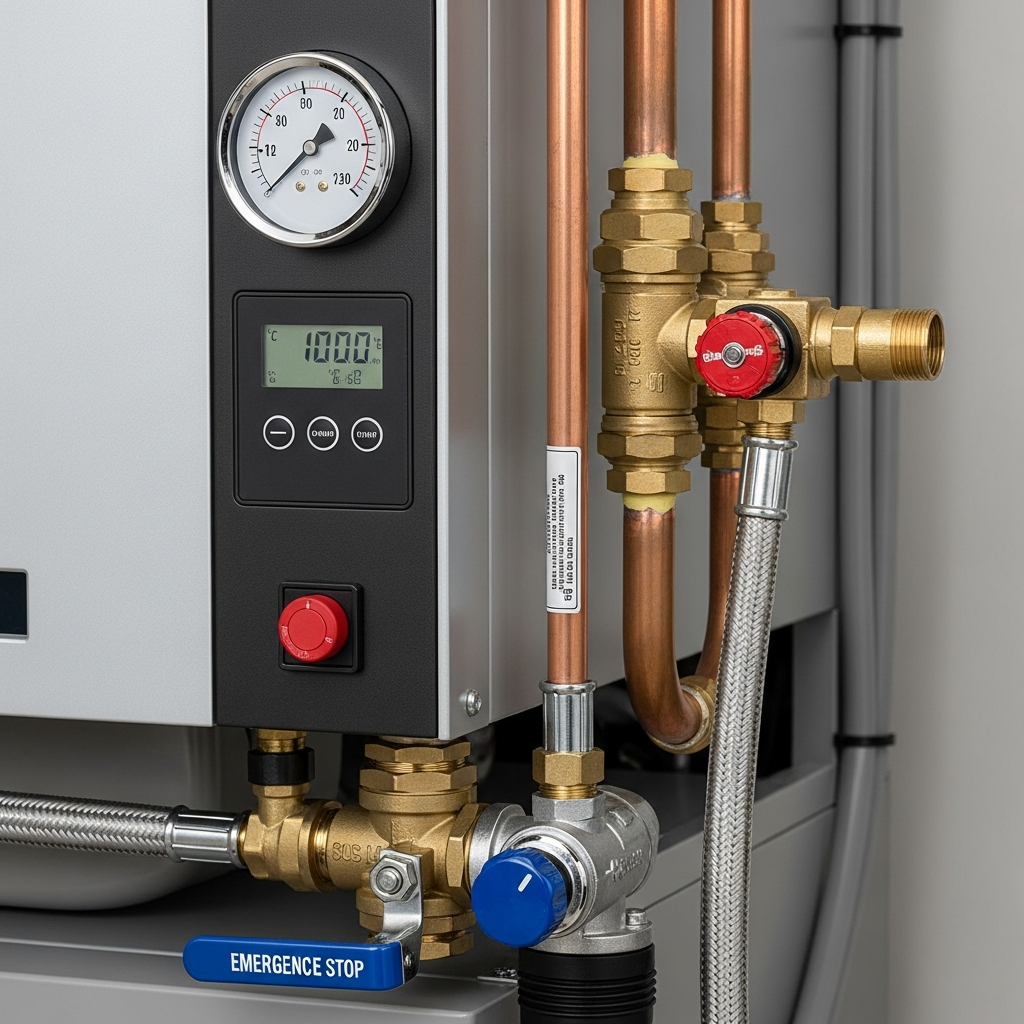 Boiler maintenance Modern boiler with visible components and gauges.