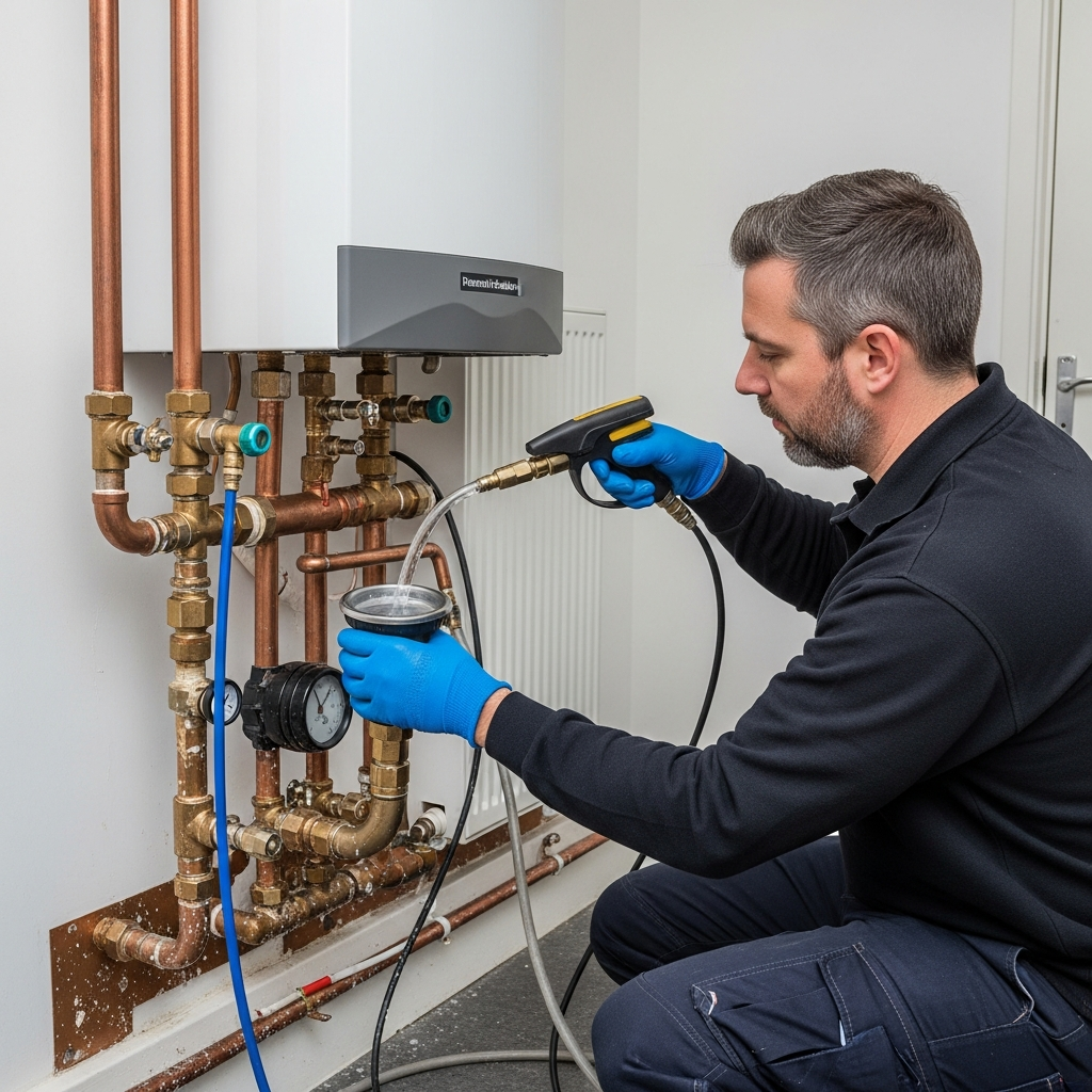 Power Flushing Benefits Engineer power flushing a central heating system to remove sludge and improve efficiency.