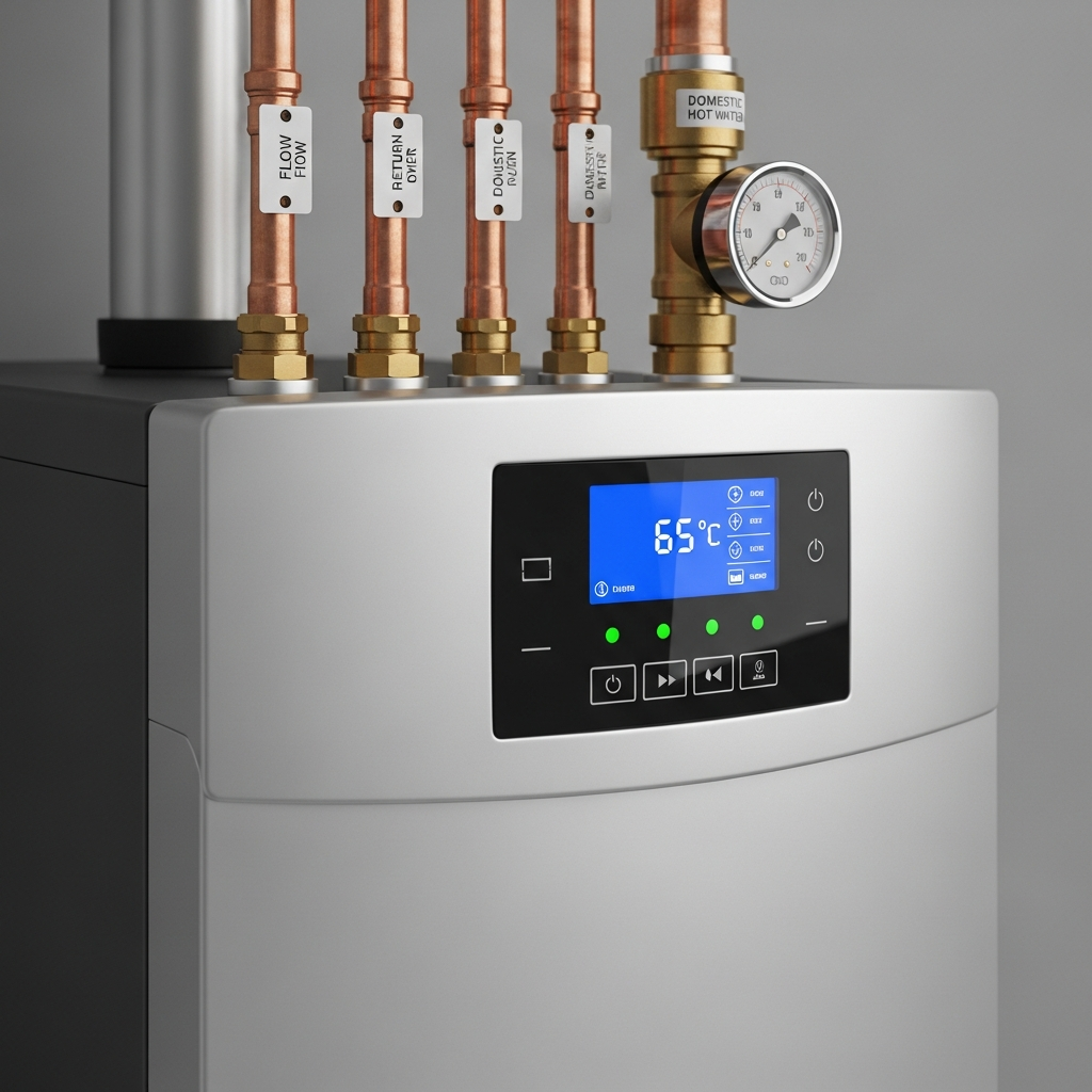 Efficient Central Heating System Modern central heating boiler with visible pipes and gauges.