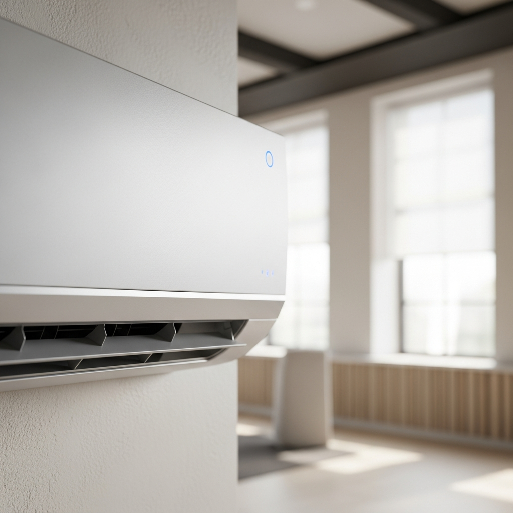 Air Conditioning Benefits Air conditioning unit mounted on a wall, cooling a room.