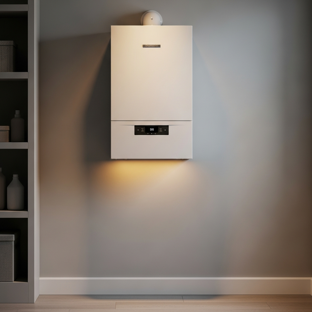Domestic central heating boiler A modern domestic central heating boiler installed on a clean white wall in a home utility room.