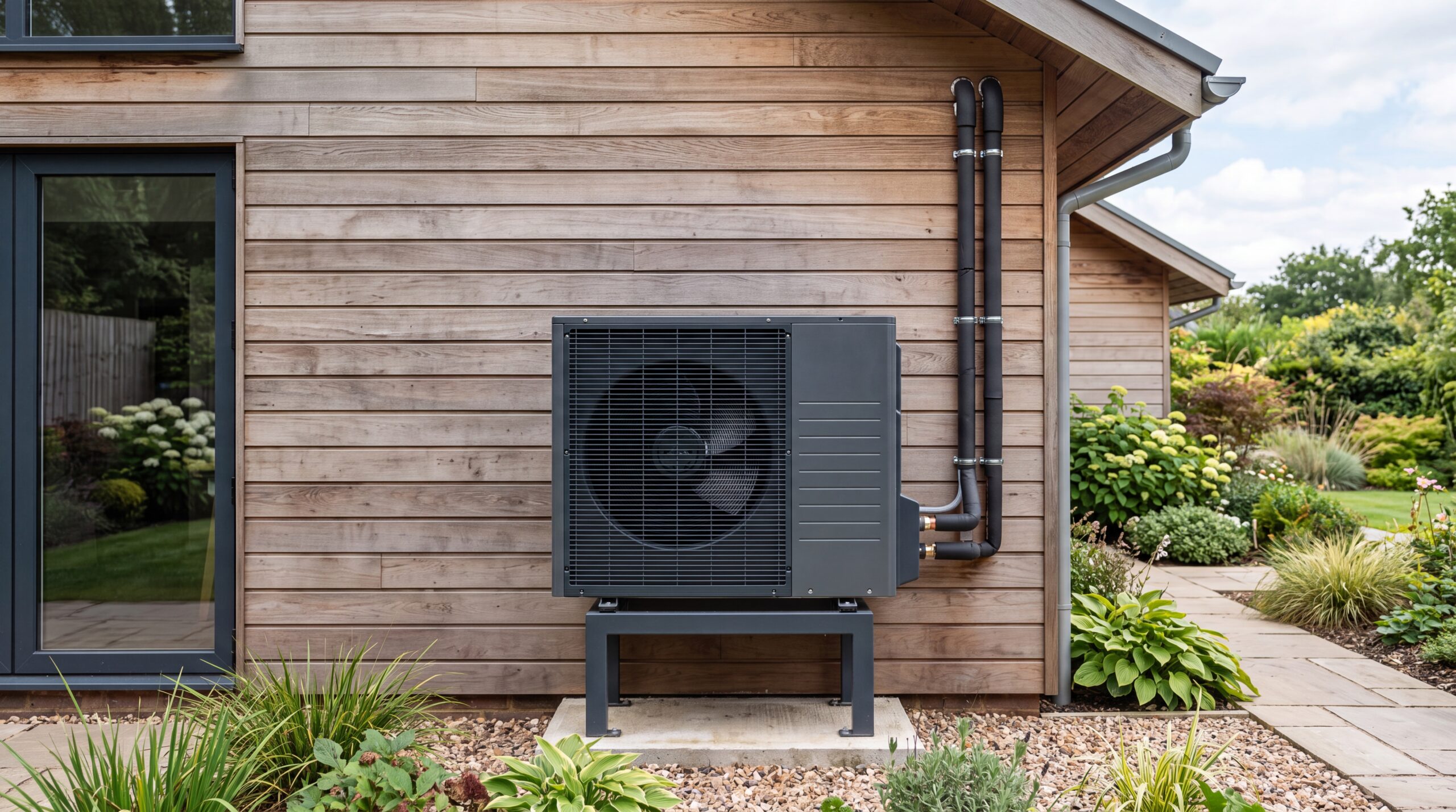 Modern air-source heat pump Modern air-source heat pump unit installed on a gravel bed against a timber-clad house wall