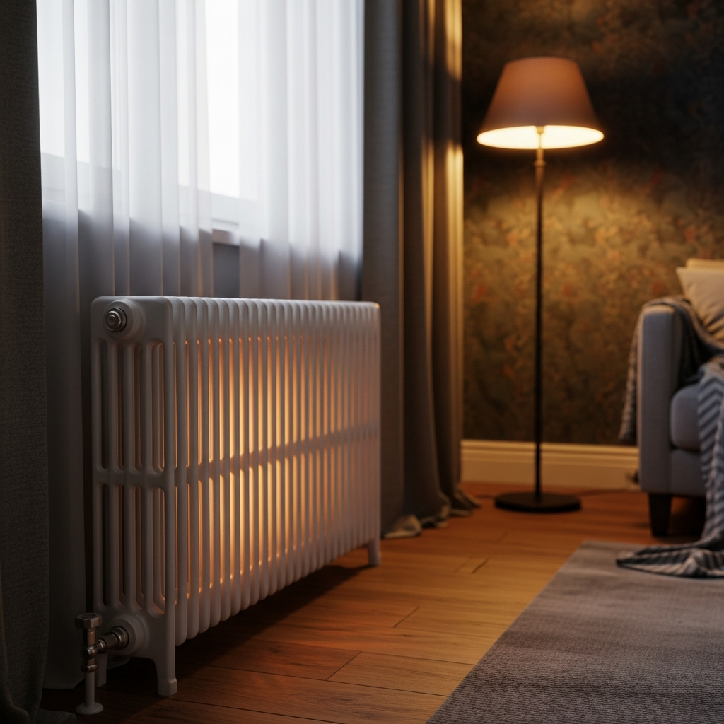 A modern white wall radiator in a cozy, warm domestic living room
