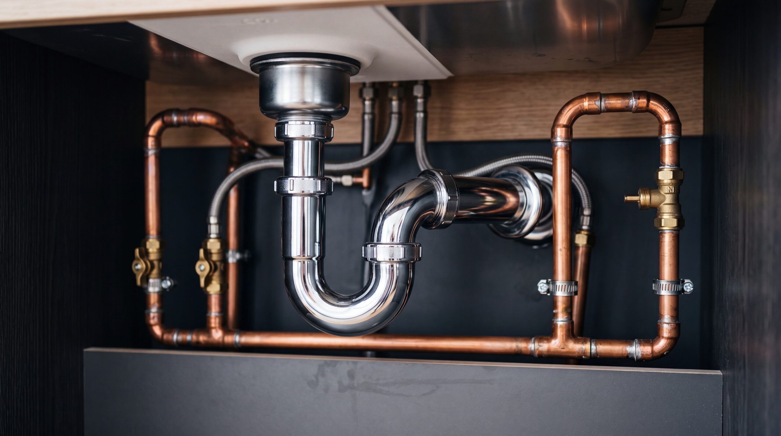 Polished chrome U-bend plumbing pipes and copper connections under a modern kitchen sink