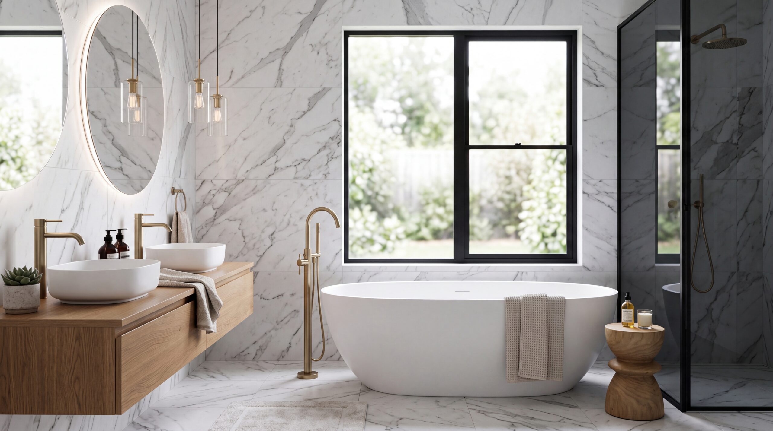 A modern bathroom renovation showing white marble wall tiles, a sleek freestanding bath, and a minimalist chrome tap.