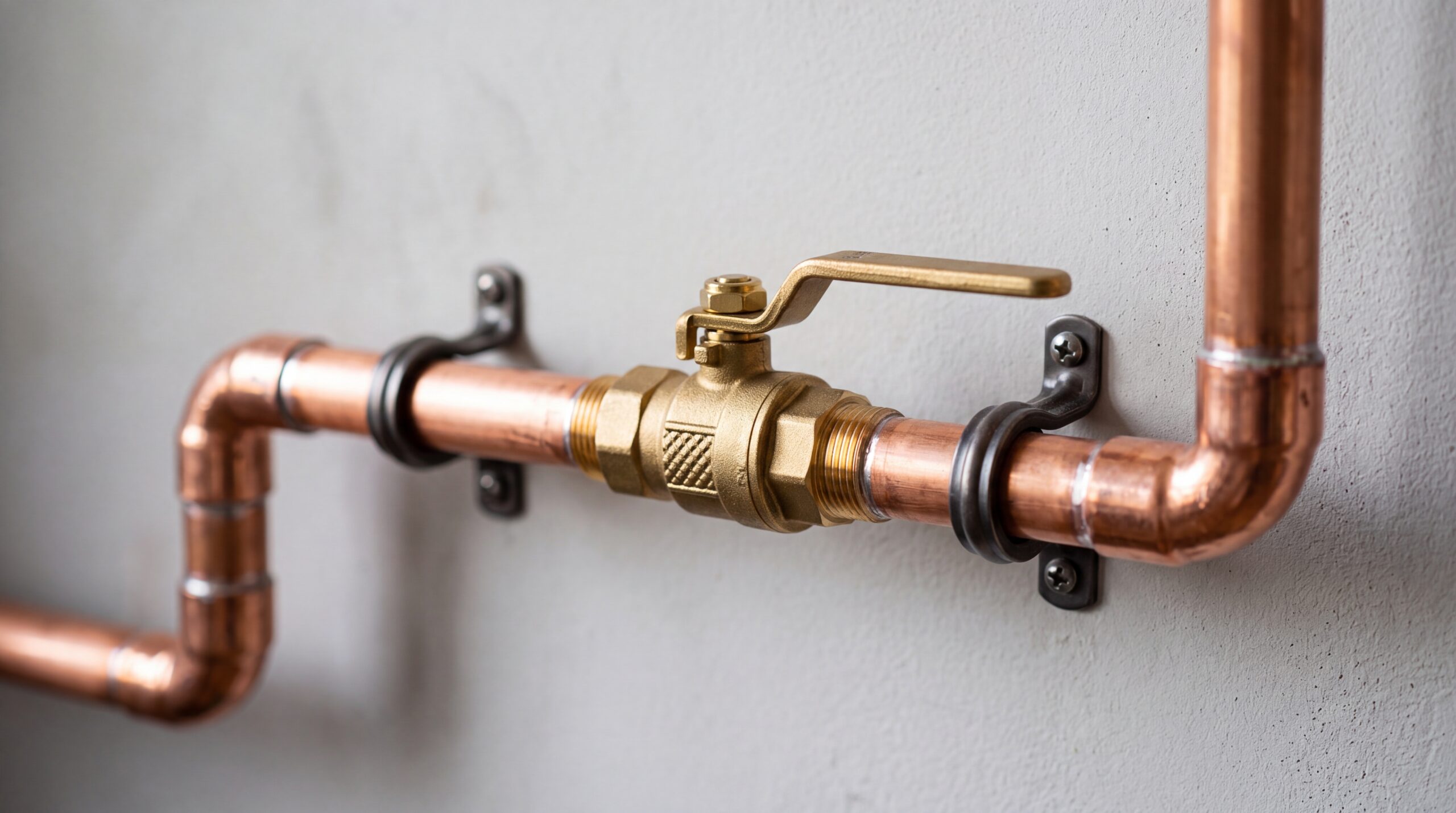 Domestic water shut-off valve Polished brass shut-off valve installed on clean copper pipework against a neutral background