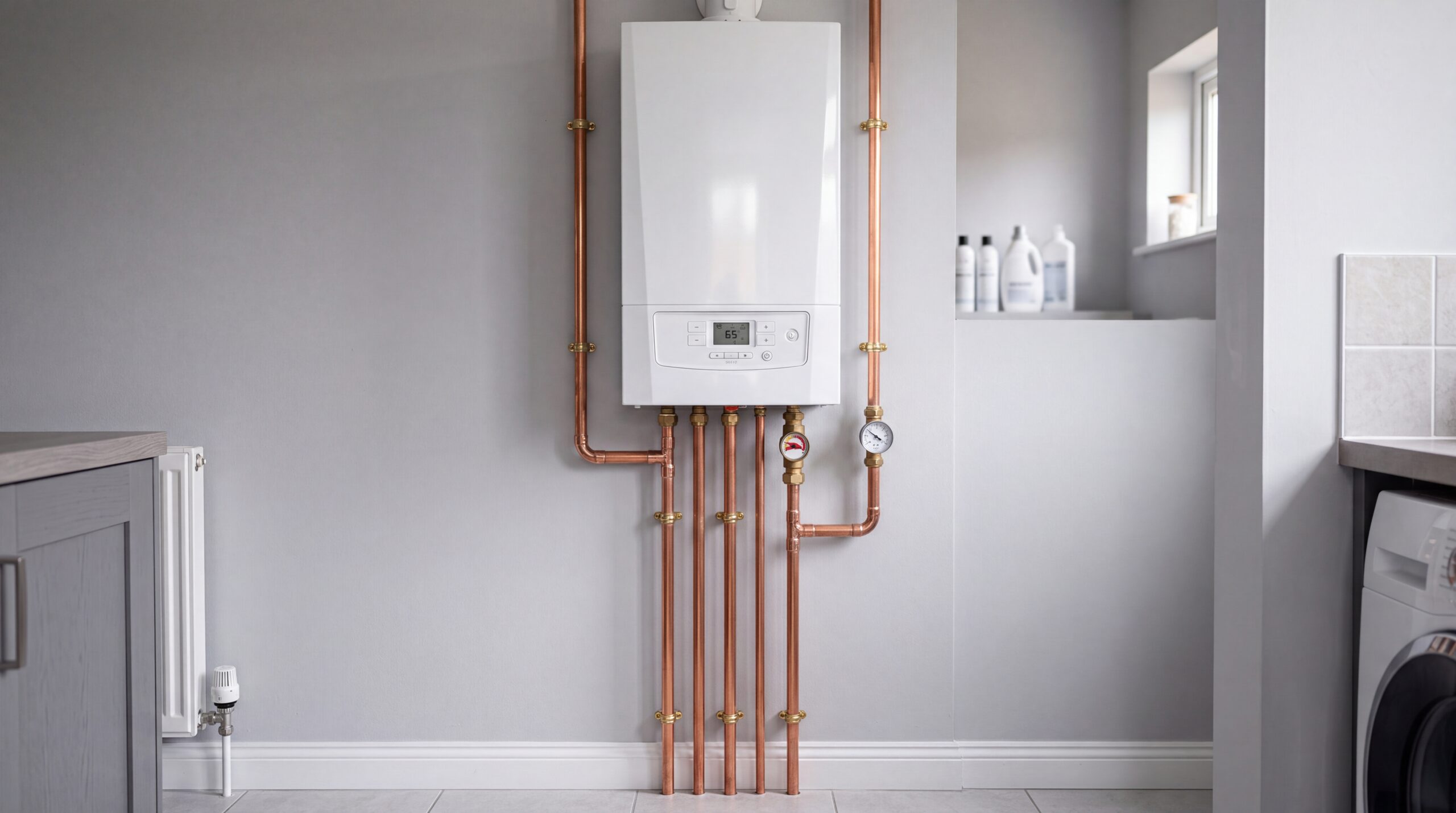 A modern domestic combi boiler mounted on a clean white utility room wall with copper pipework underneath