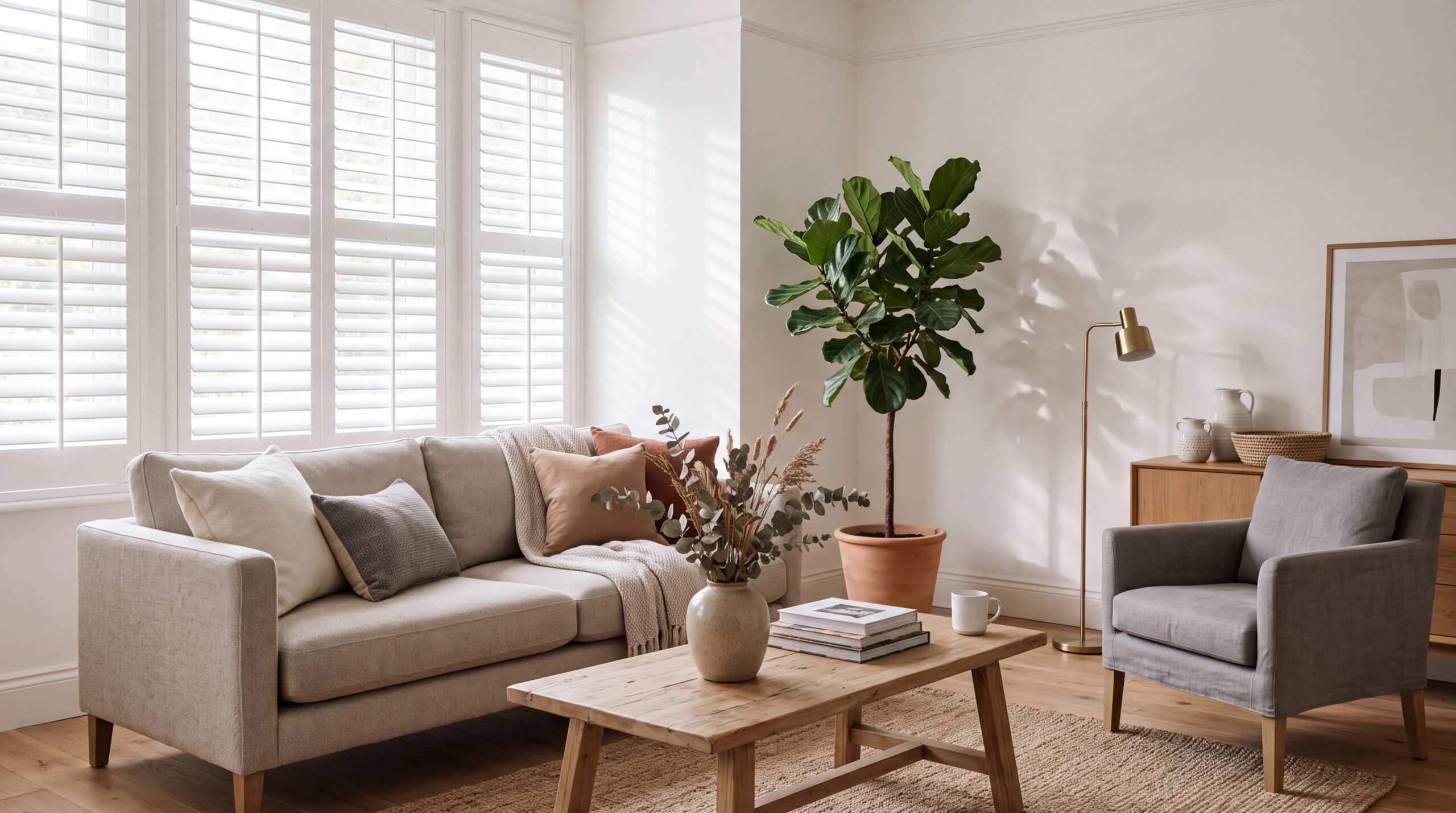 A bright, modern living room featuring white wooden window shutters partially closed to block direct sunlight