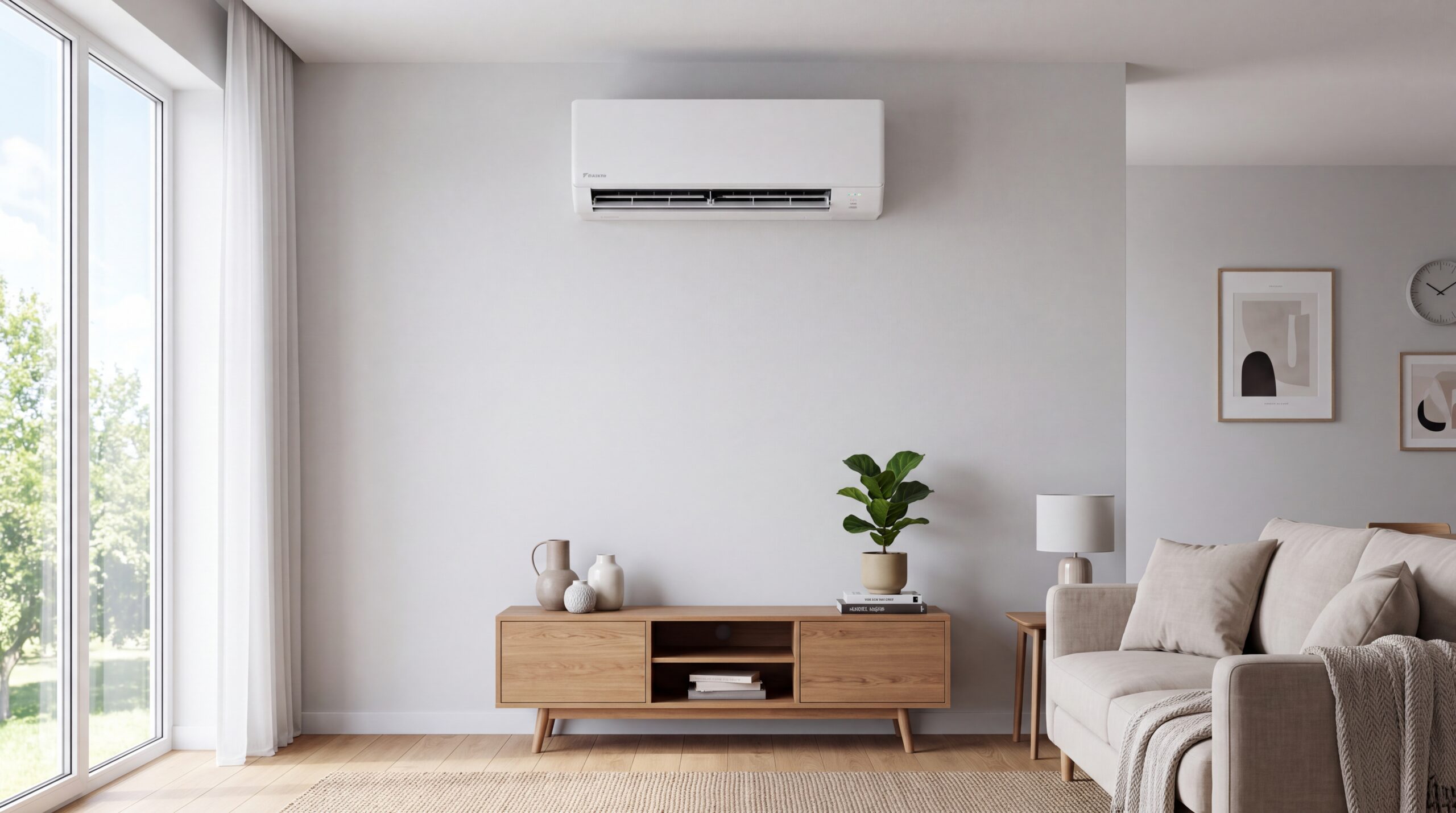 A modern white wall-mounted air conditioning unit installed on a clean, minimalist living room wall, representing domestic cooling comfort.