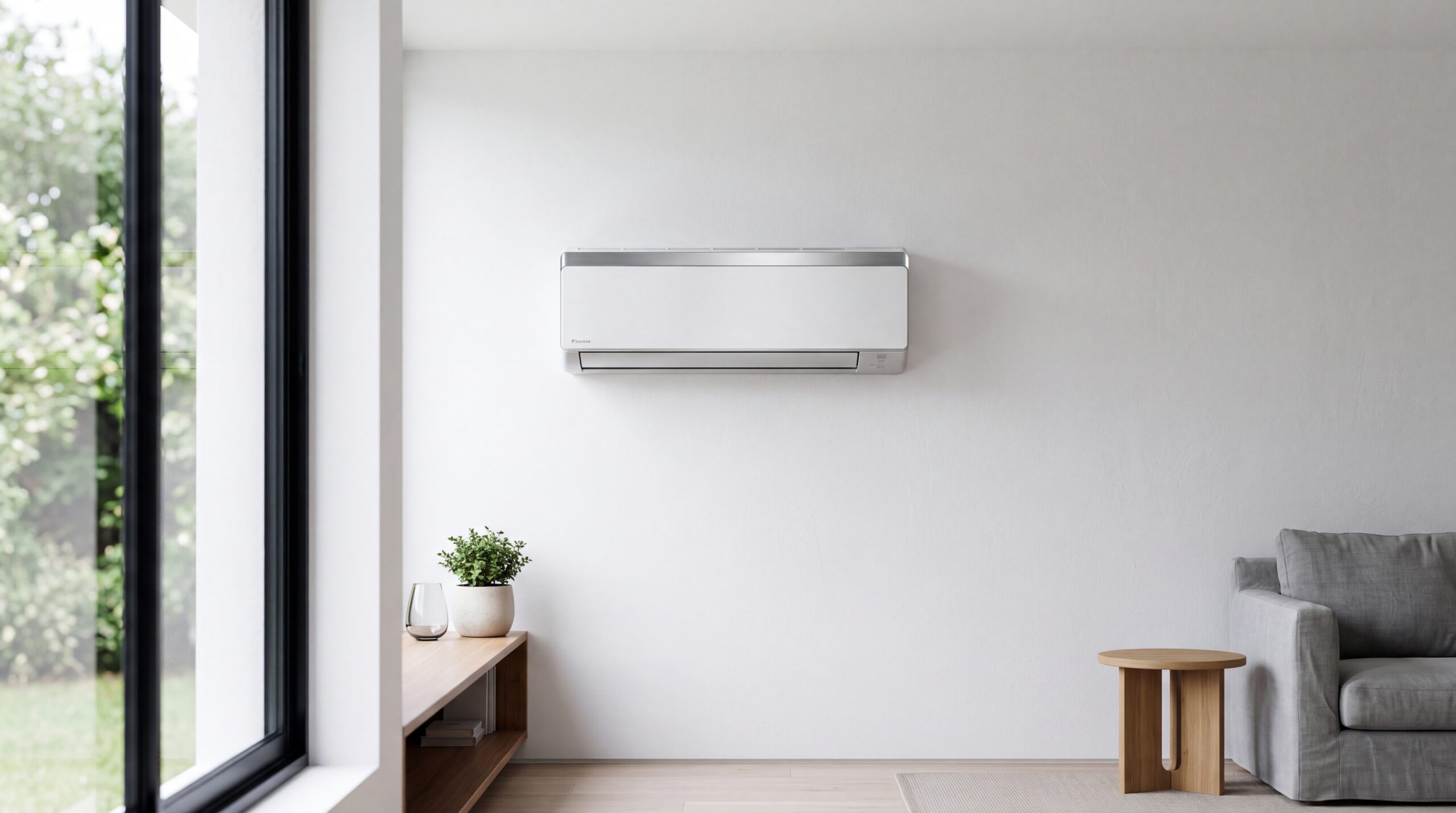 Sleek modern wall-mounted air conditioning unit on a minimalist white wall