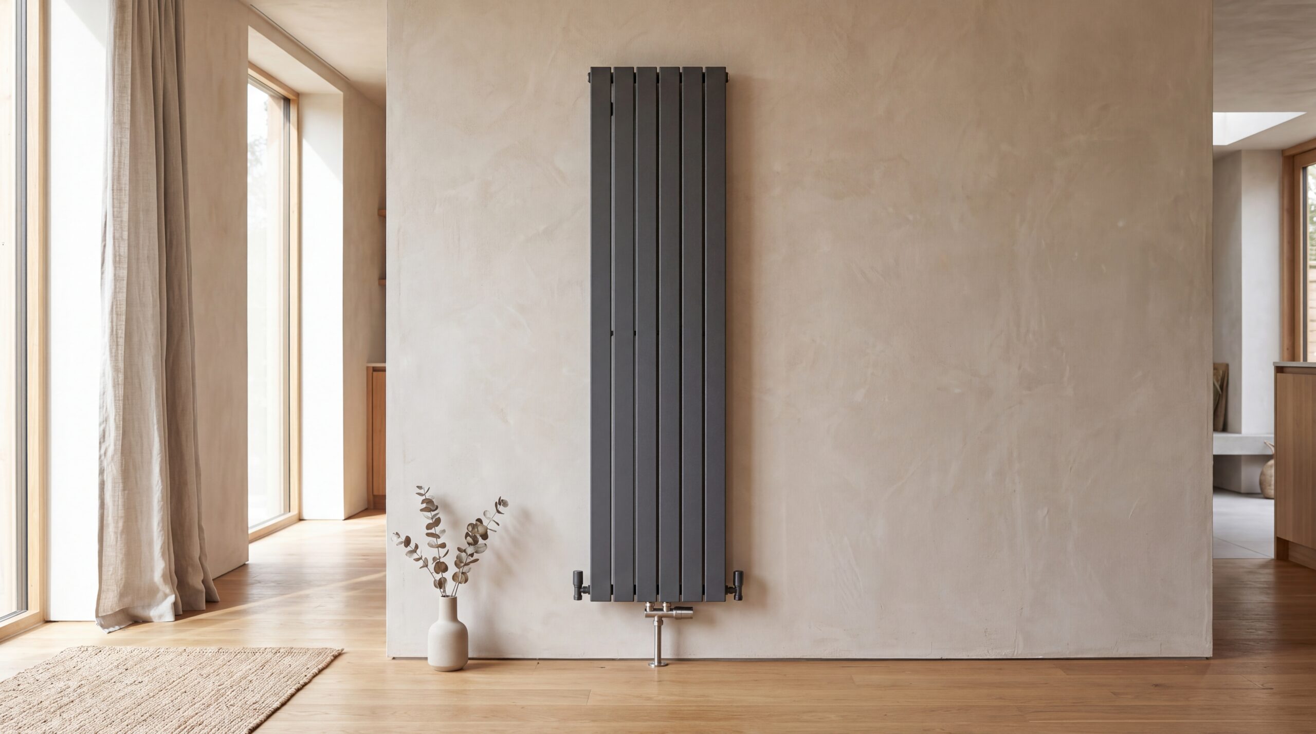Modern anthracite grey vertical radiator mounted on a minimalist living room wall